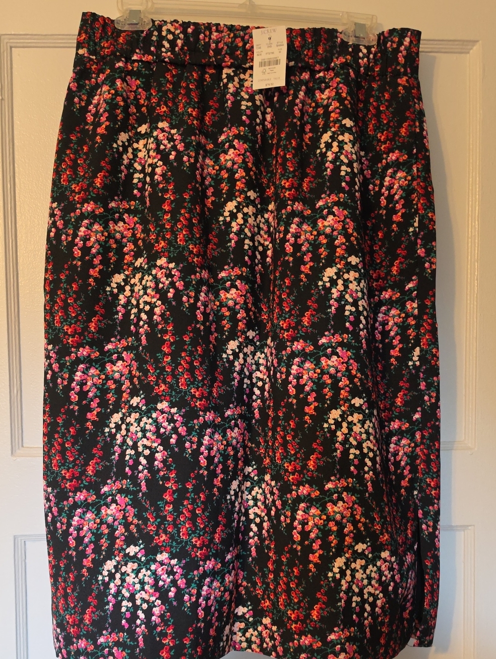 JCrew Floral Print Elastic Waist Midi Skirt - Black with Pink & Red Flowers NWT